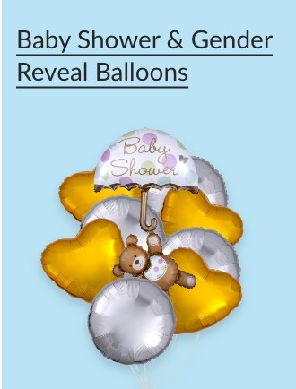 Baby shower balloons with a teddy bear and heart shapes