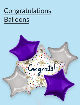 Star-shaped 'Congrats!' balloons in purple and silver