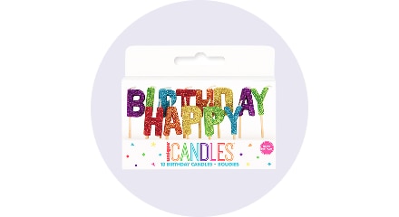Multi-coloured candles that spell out 'Happy Birthday'.