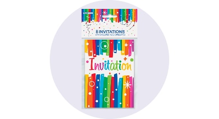 A multi-coloured pack of cards and birthday invitations. 