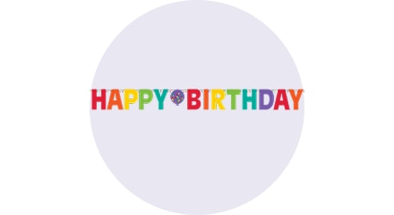 A multi-coloured banner decoration that spells out 'Happy Birthday'.