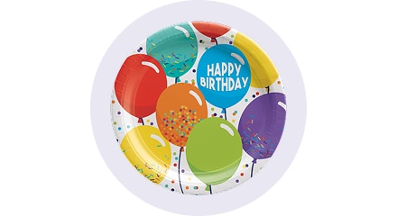 A white paper plate with multi-coloured balloons and the words 'Happy Birthday' written on it. 