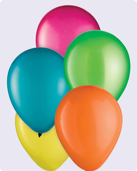 Turquoise, green, magenta, orange and pink balloons.