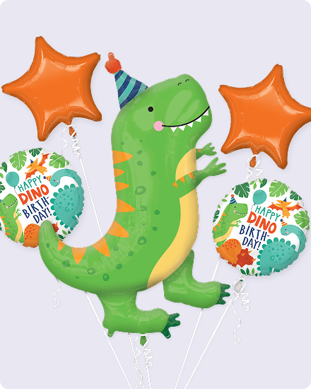 An inflatable dinosaur balloon surrounded by orange star-shaped balloons and two circular balloons that say 'Happy Dino Birth Day!"