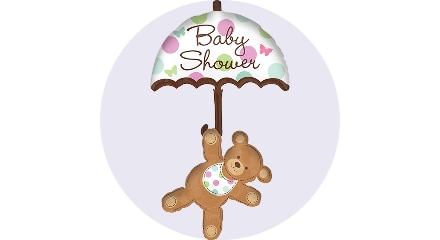 Un ourson en peluche tenant un parapluie multicolore doté du texte « Baby Shower ».