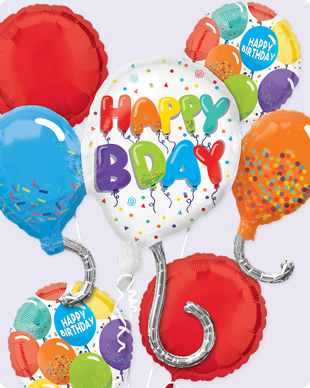 Un ballon blanc et multicolore doté des mots «&nbsp;Happy Birthday&nbsp;» et entouré de ballons rouges, orange, bleus et blancs.