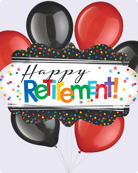 Un ballon blanc, noir et multicolore avec les mots « Happy Retirement » sur le devant, entouré de ballons noirs et rouges.