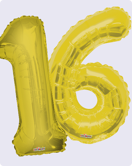 Des ballons dorés en forme du chiffre 16.