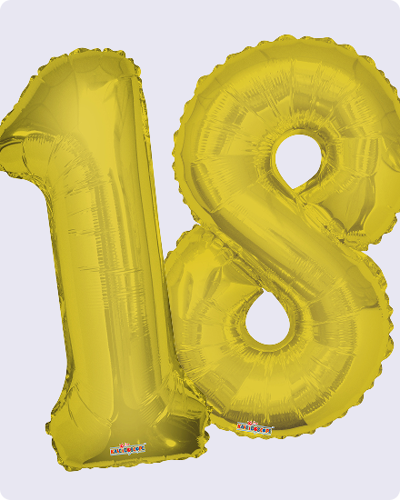 Des ballons dorés en forme du chiffre 18.