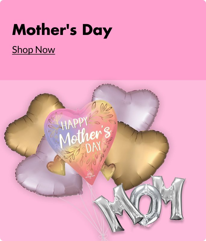 A multi-coloured balloon that says 'Happy Mother's Day' beside a silver phrase balloon that says 'Mom' and silver and gold heart balloons.