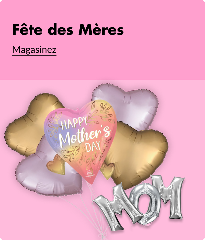 Un ballon multicolore doté des mots «&nbsp;Happy Mother’s Day&nbsp;» à côté d’un ballon en forme du mot «&nbsp;Mom&nbsp;» et de ballons dorés et argentés en forme de cœurs.