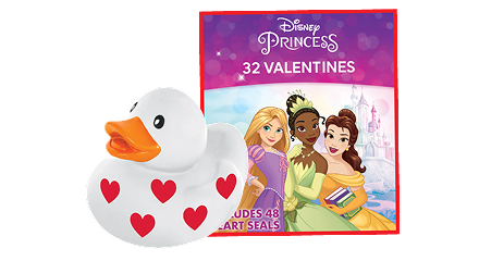 A white rubber duck with red hearts.