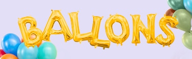 Ballons dorés, en forme de lettres épelant le mot « Ballons », entourés de deux bouquets de ballons ronds multicolores.