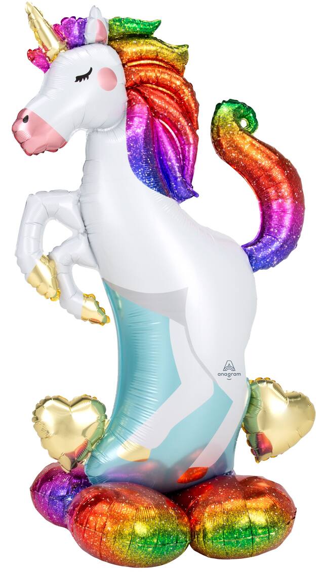 Unicorn Satin Sitting Foil Balloon, White/Rainbow, 55-in, Air-Filled for Birthday Party Front_Flat