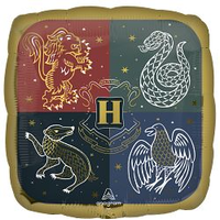 Harry Potter Square Satin Foil Balloon, Red/Black/Grey/Blue, Hogwarts Houses, 18-in, Helium Inflation & Ribbon Included for Birthday Party