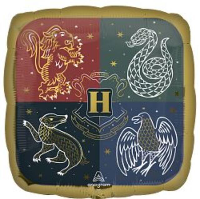 Harry Potter Square Satin Foil Balloon, Red/Black/Grey/Blue, Hogwarts Houses, 18-in, Helium Inflation & Ribbon Included for Birthday Party Front_Flat
