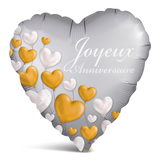"Joyeux Anniversaire" French Heart Satin Foil Balloon, Silver/Gold, 17-in, Helium Inflation & Ribbon Included for Anniversary Front_Flat