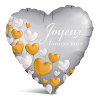 "Joyeux Anniversaire" French Heart Satin Foil Balloon, Silver/Gold, 17-in, Helium Inflation & Ribbon Included for Anniversary