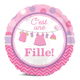 "C'est une Fille" French Round Satin Foil Balloon, Pink, 18-in, Helium Inflation & Ribbon Included for Baby Shower Front_Flat