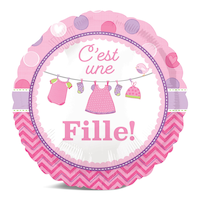 "C'est une Fille" French Round Satin Foil Balloon, Pink, 18-in, Helium Inflation & Ribbon Included for Baby Shower Front_Flat
