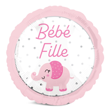 Elephant "Bébé Fille" French Round Satin Foil Balloon, Pink/White, 18-in, Helium Inflation & Ribbon Included for Baby Shower Front_Flat