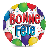 "Bonne Fête" French Round Satin Foil Balloon, Multi-Coloured, 18-in, Helium Inflation & Ribbon Included for Birthday Party Front_Flat