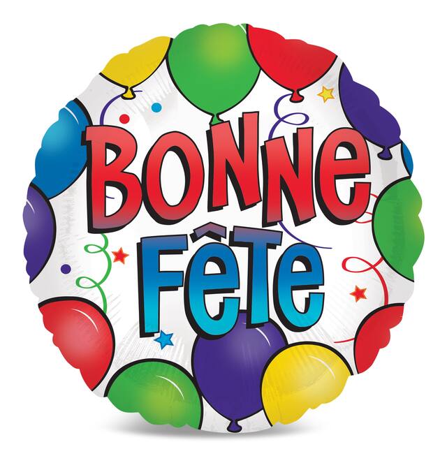 "Bonne Fête" French Round Satin Foil Balloon, Multi-Coloured, 18-in, Helium Inflation & Ribbon Included for Birthday Party Front_Flat