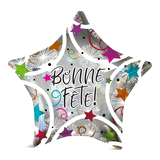 "Bonne Fête" French Star Satin Foil Balloon, Silver, Confetti, 18-in, Helium Inflation & Ribbon Included for Birthday Party Front_Flat