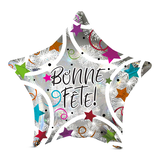 "Bonne Fête" French Star Satin Foil Balloon, Silver, 32-in, Helium Inflation & Ribbon Included for Birthday Party Front_Flat
