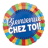 "Bienvenue Chez Toi" French Round Satin Foil Balloon, Blue/Multi-Coloured, Striped, 32-in, Helium Inflation & Ribbon Included for Special Occasion Front_Flat