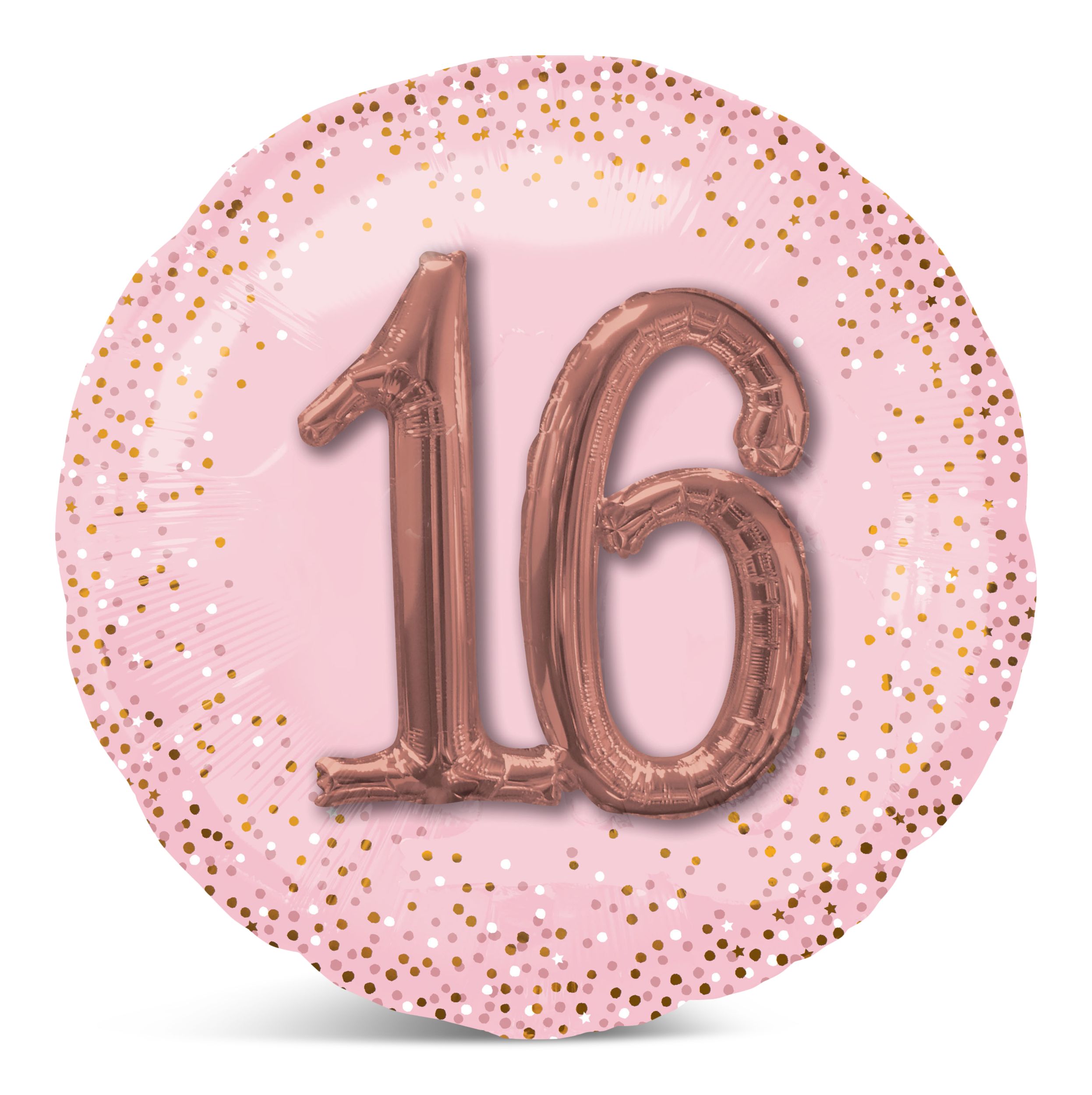 Ballon en aluminium satiné rond 3D 16, or rose/rose, à pois, 35 po, ruban et gonflage hélium compris, pour fête d'anniversaire Front_Flat
