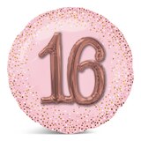 "16" 3D Round Satin Foil Balloon, Rose Gold/Pink, Polka Dot, 35-in, Helium Inflation & Ribbon Included for Birthday Party Front_Flat