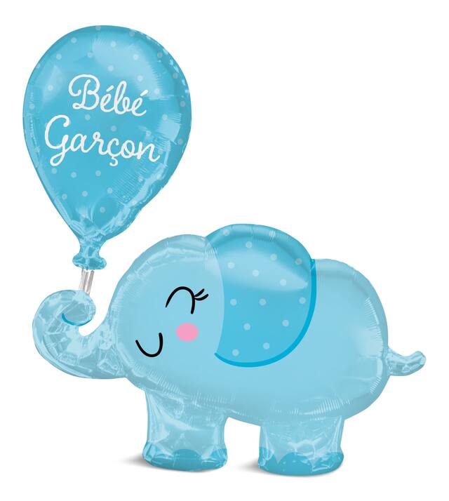 "Bébé Garçon" French Elephant Satin Foil Balloon, Blue, 18-in, Helium Inflation & Ribbon Included for Baby Shower Front_Flat