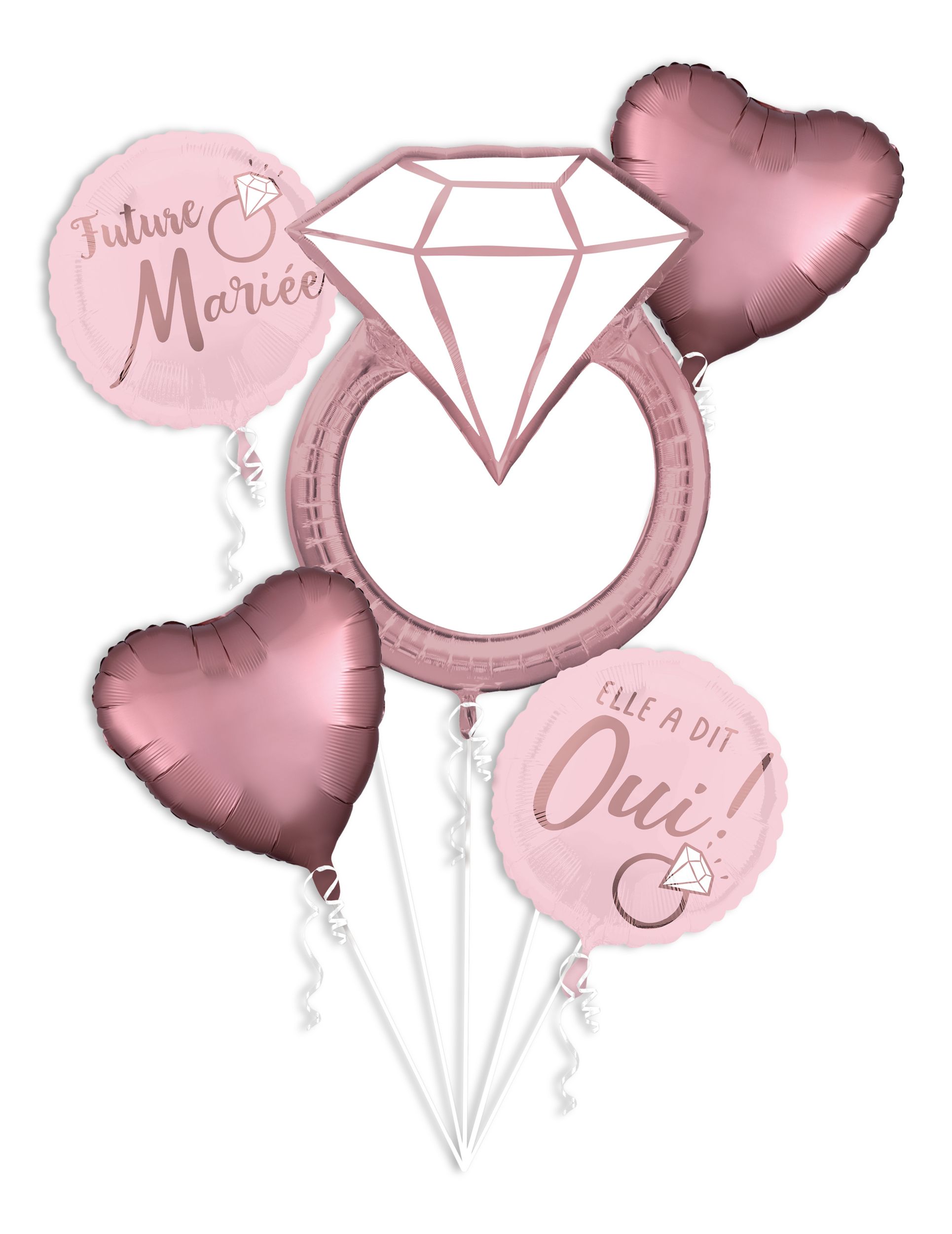 Bouquet de ballons en aluminium satiné Future Mariée coeur/anneau en diamant en français, rose, paq. 5, gonflage à l'hélium et ruban inclus pour les fêtes prénuptiales et les enterrements de vie de jeune fille Front_Flat