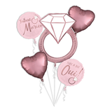 Bouquet de ballons en aluminium satiné Future Mariée coeur/anneau en diamant en français, rose, paq. 5, gonflage à l'hélium et ruban inclus pour les fêtes prénuptiales et les enterrements de vie de jeune fille Front_Flat