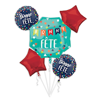 A Reason to Celebrate "Bonne Fête" French Star  Satin Foil Balloon Bouquet, Navy Blue/Red, 5-pk, Helium Inflation & Ribbon Included for Birthday Party Front_Flat