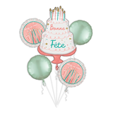 Ballon en aluminium satiné gâteau/rond français Bonne Fête Joyeux anniversaire, rose/bleu, paq. 5, ruban et gonflage hélium compris, pour fête d'anniversaire Front_Flat