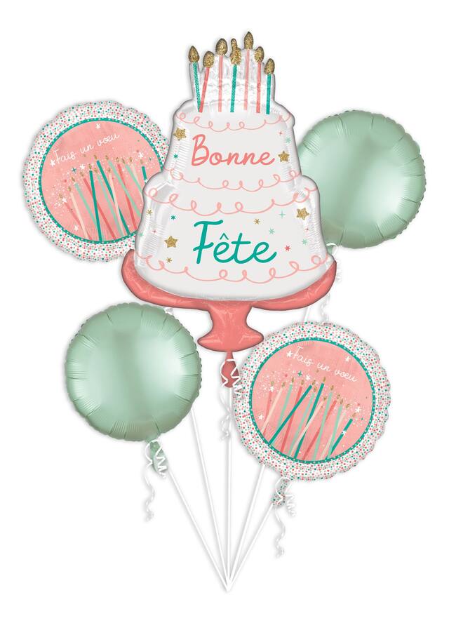 Happy Cake Day "Bonne Fête" French Cake/Round  Satin Foil Balloon Bouquet, Pink/Blue, 5-pk, Helium Inflation & Ribbon Included for Birthday Party Front_Flat