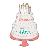 Happy Cake Day "Bonne Fête" French Birthday Cake Satin Foil Balloon, White, 28-in, Helium Inflation & Ribbon Included for Birthday Party Front_Flat