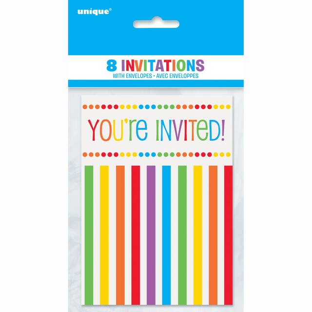 "You're Invited" Paper Party Invitations with Envelopes, Multi-Coloured, Rainbow, 8-pk, for Birthday Party Front_Flat