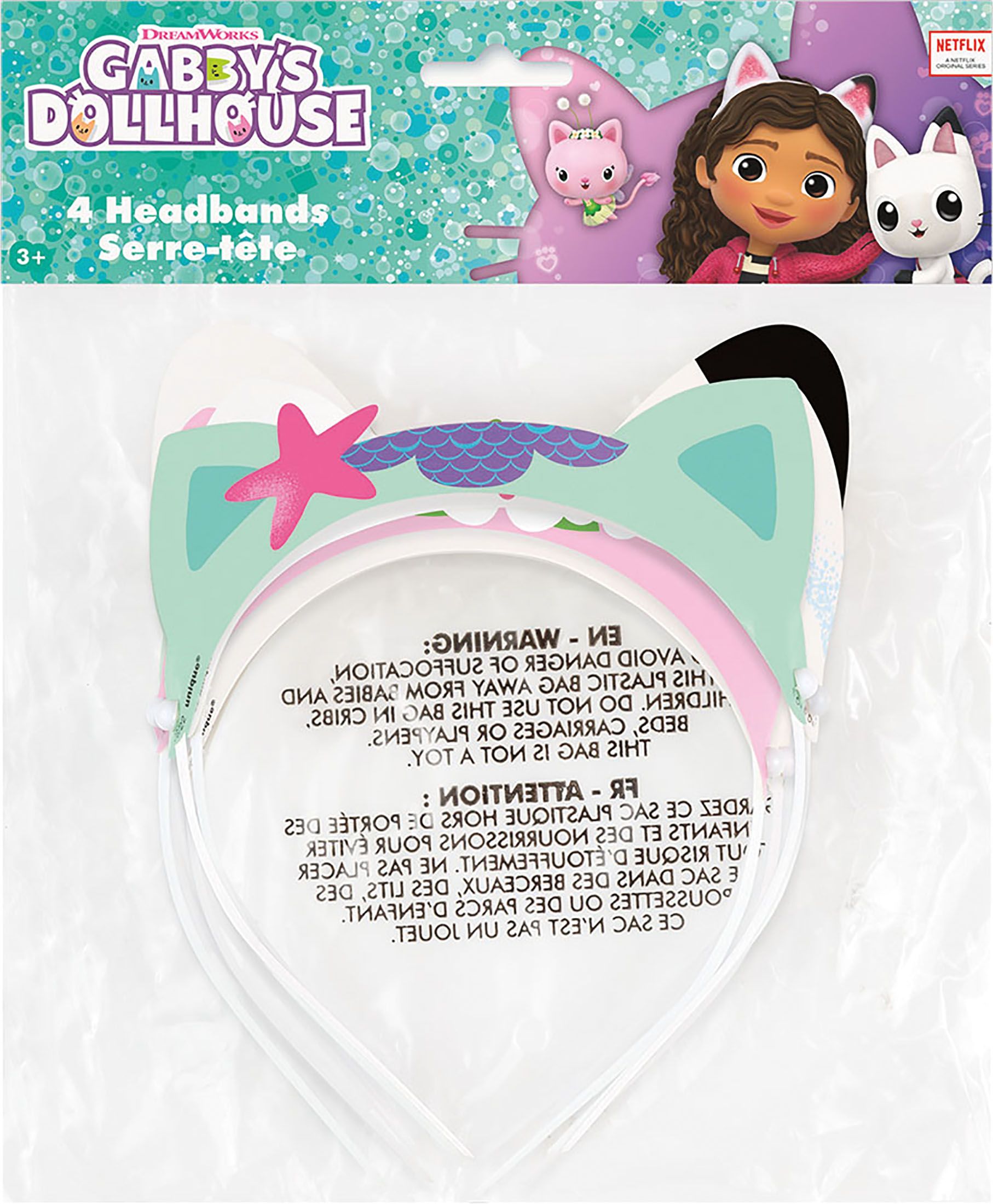 Serre-tête à oreilles de chat scintillantes Gabby et la maison magique, multicolore, taille unique, paq. 4, accessoires à porter pour les anniversaires Front_Flat