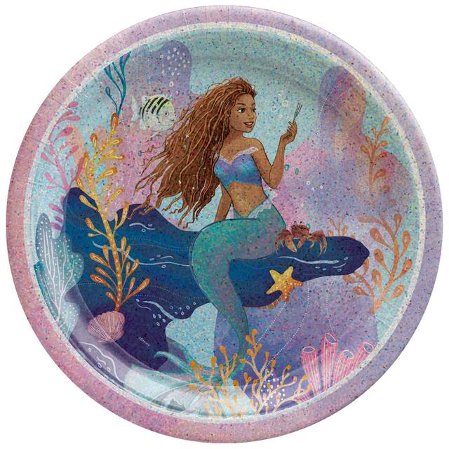 Disney The Little Mermaid Ariel Round Paper Disposable Lunch Plates, Purple/Blue, 9-in, 8-pk, for Birthday Party Overhead_Flat