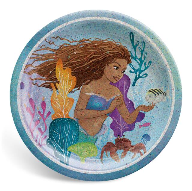 Disney The Little Mermaid Ariel Round Paper Disposable Dessert Plates, Blue, 7-in, 8-pk, for Birthday Party Front_Flat