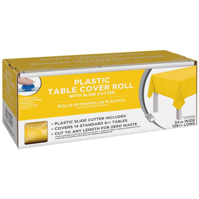 Rectangle Plastic Reusable Table Cover Roll with Slide Cutter, Yellow, 126-ft, for Easter/Summer Party Front_Three_Fourths_Angled_Right