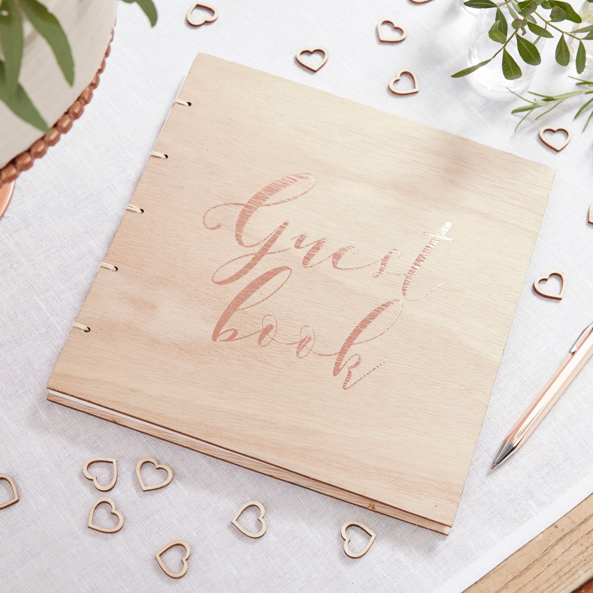 Guest Book Wooden Wedding Guest Book, Gold, 50 Sheets Overhead_Plunge