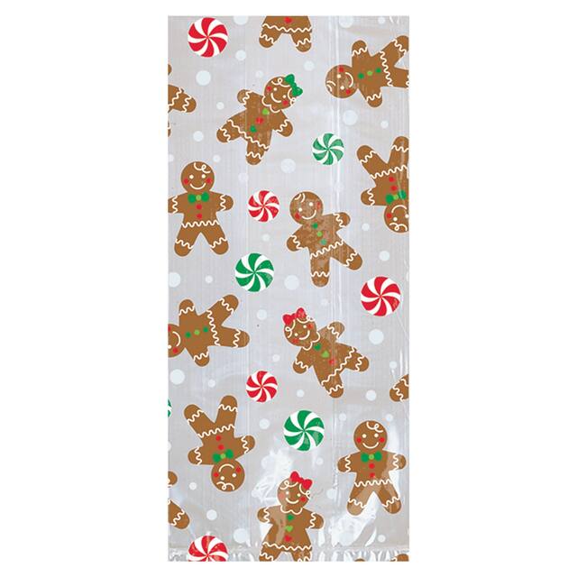 Gingerbread Rectangle Cello Treat Party Bags, Brown/Red/Green, 9.5-in, 20-pk, for Christmas Front_Flat