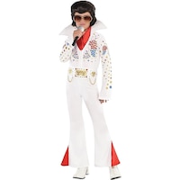 Kids' King of Rock 'n' Rol Elvis Presley White Jumpsuit Halloween Costume, Assorted Sizes Front_Flat