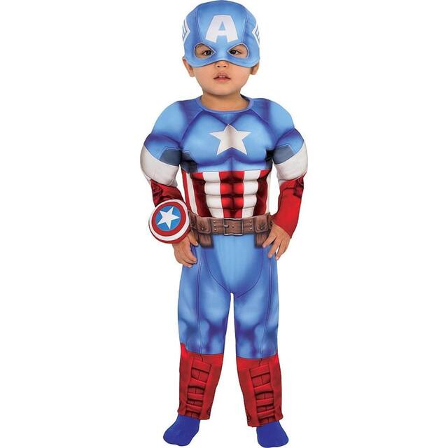 Costume du Capitaine America de Disney Marvel pour tout-petits, combinaison rembourrée bleue/rouge avec masque, choix de tailles Front_Flat