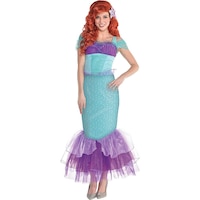 Costume de La petite sirène Ariel de Disney pour femmes, robe de princesse bleue/violette avec pinces à cheveux, choix de tailles Front_Flat