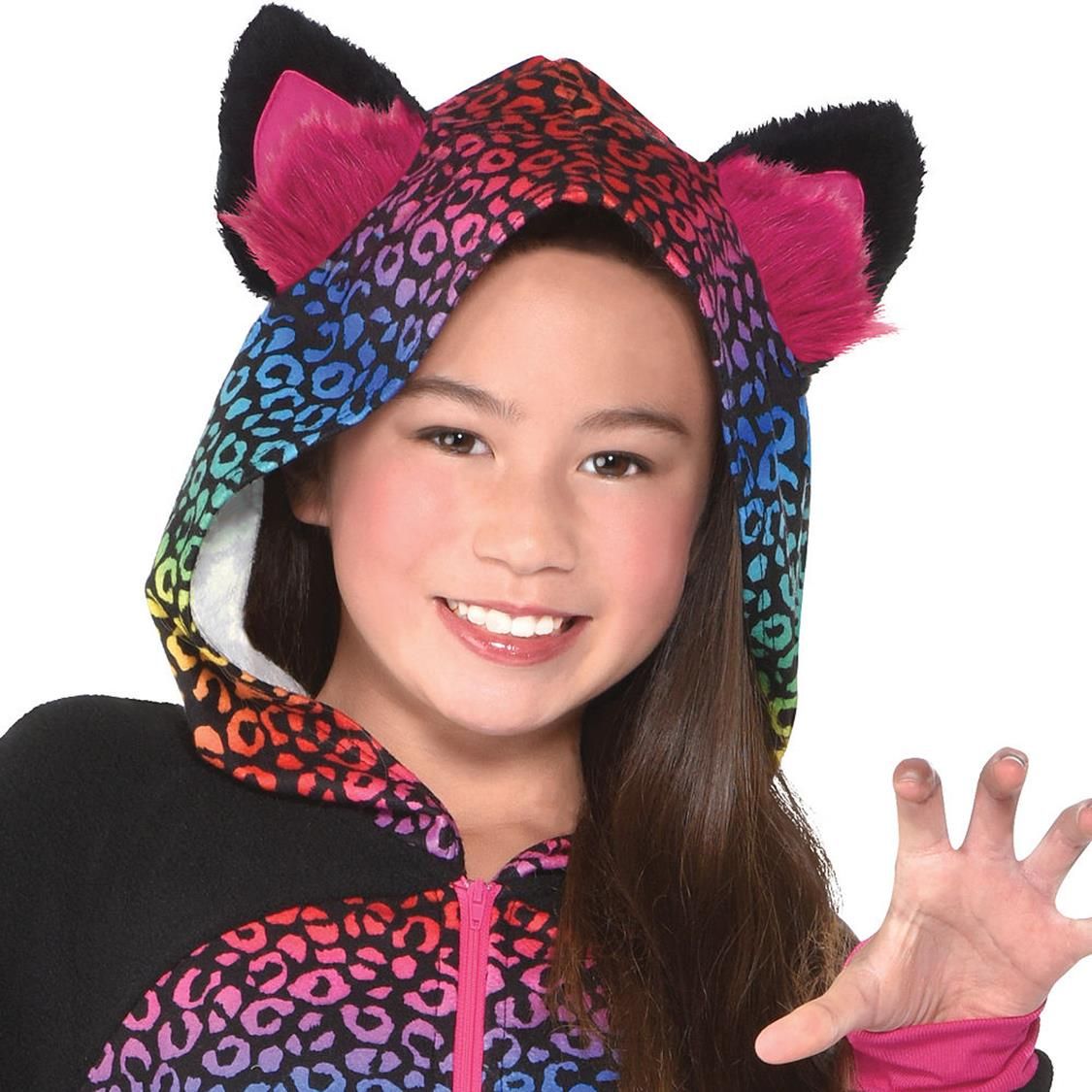 Kids' Leopard Rainbow Jumpsuit with Hood & Tail Halloween Costume, Assorted Sizes CloseUp